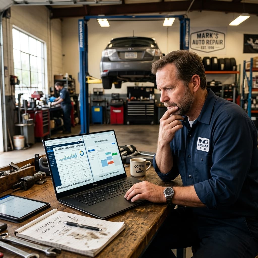 A small-shop owner weighing auto repair management software against a lighter booking tool on a laptop.