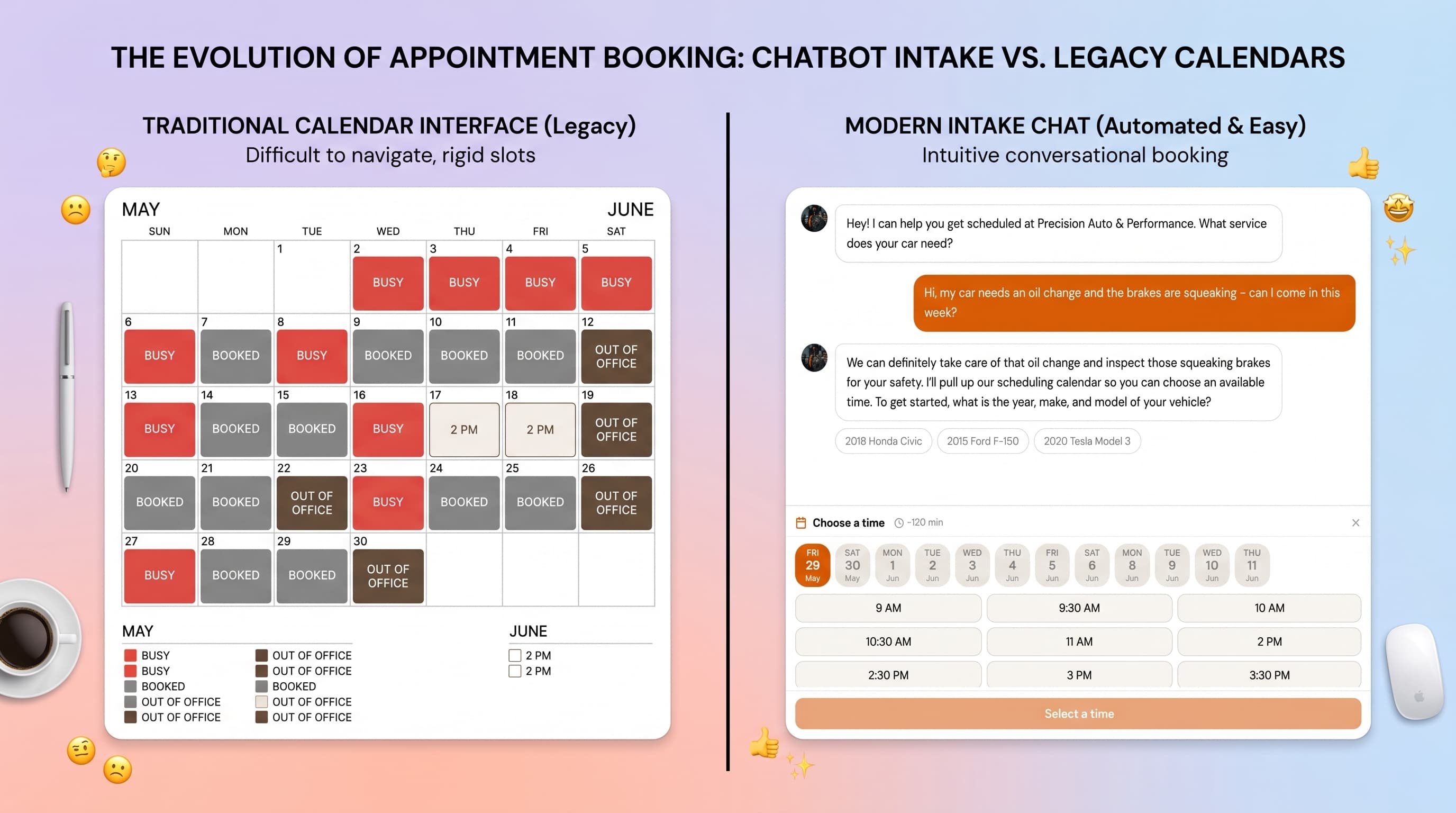 A split illustration: a calendar of fixed time slots on one side, an intake conversation capturing job details on the other.