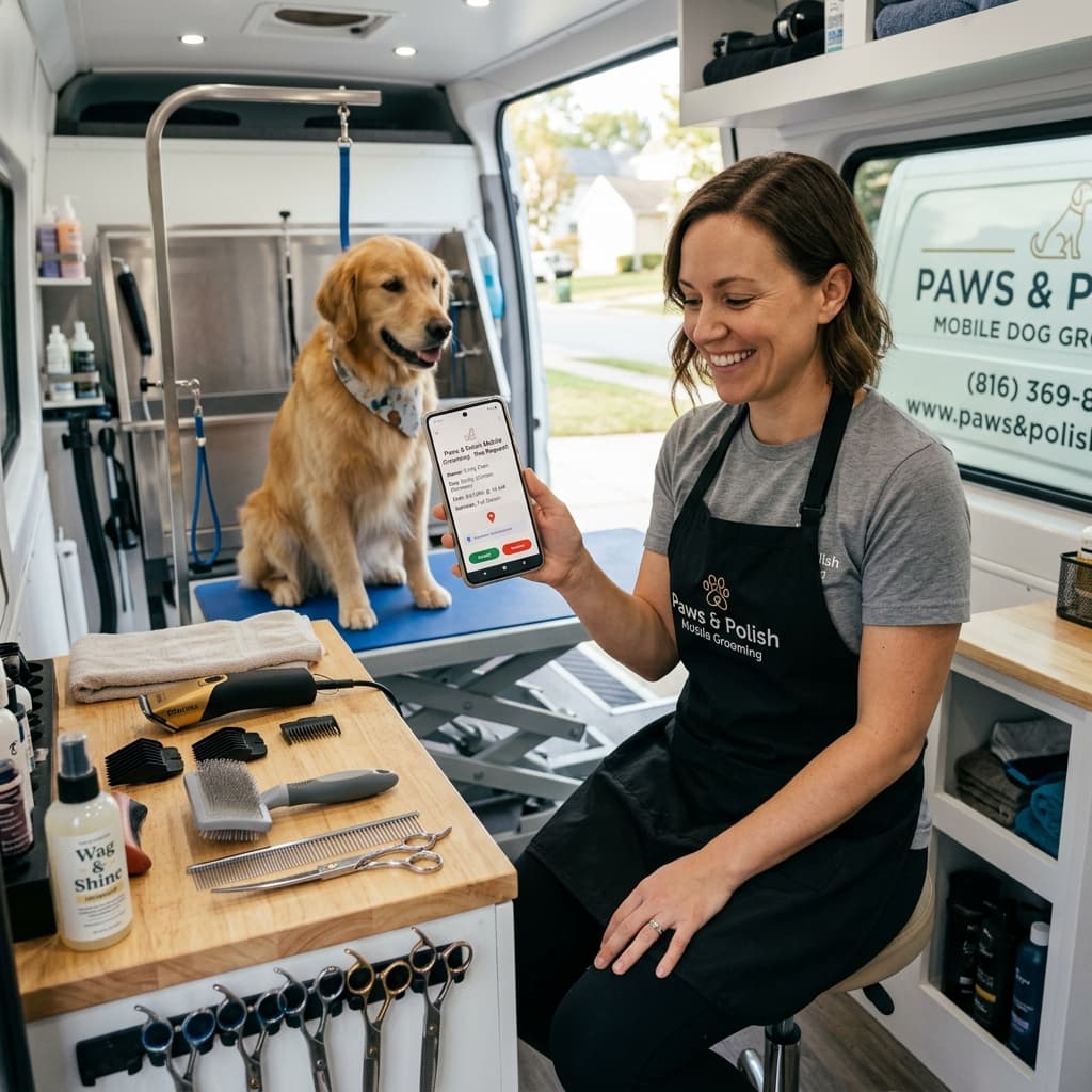 A mobile dog groomer reviewing a new booking request on a phone beside grooming tools.