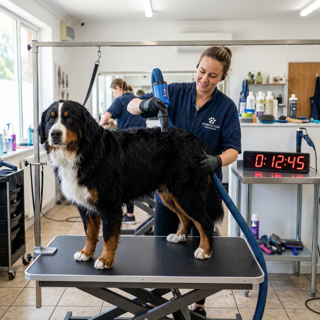 A groomer blow-drying a large double-coated dog on a grooming table, with a timer visible nearby.