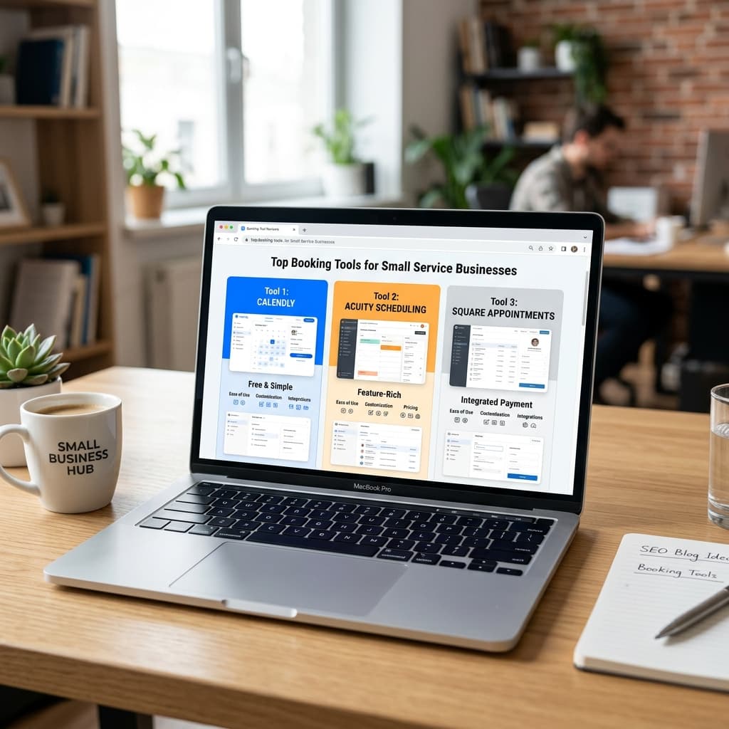 Three booking tools compared side by side on a laptop screen for a small service business.