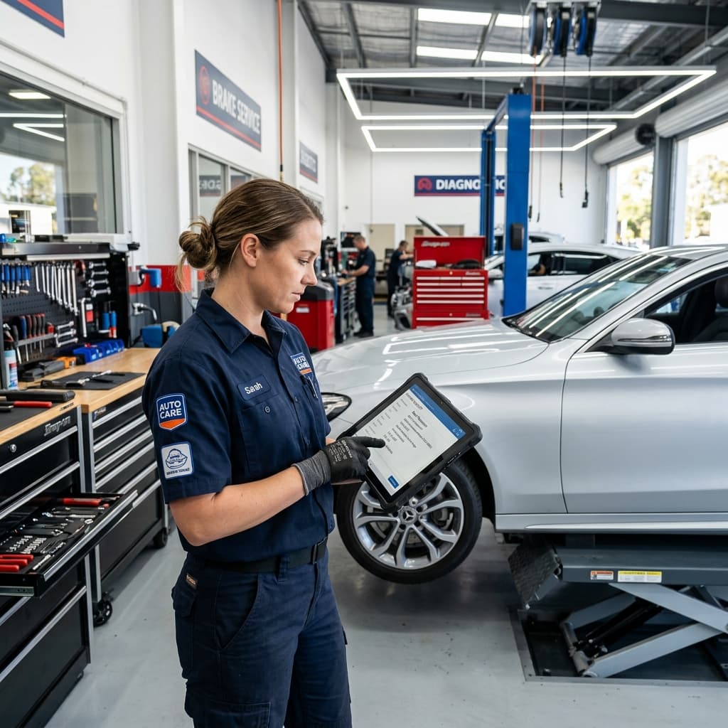 A mechanic checking a tablet in a tidy auto repair bay, with a customer’s booking request on screen.