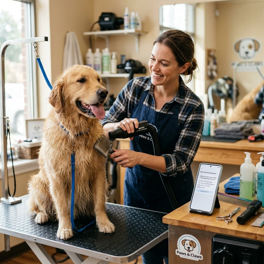 A groomer drying a happy dog while a booking request appears on a phone propped nearby.