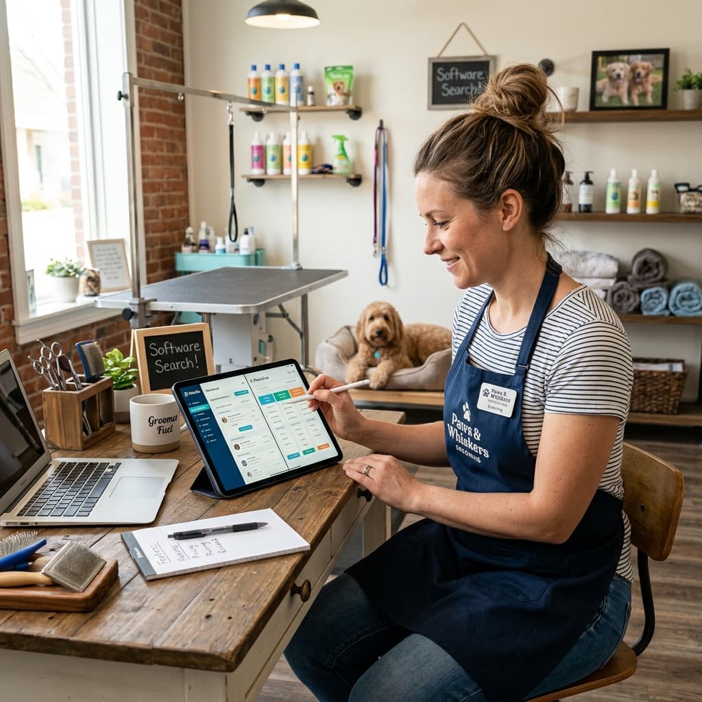 A solo pet groomer comparing grooming software options on a tablet in a small grooming studio.