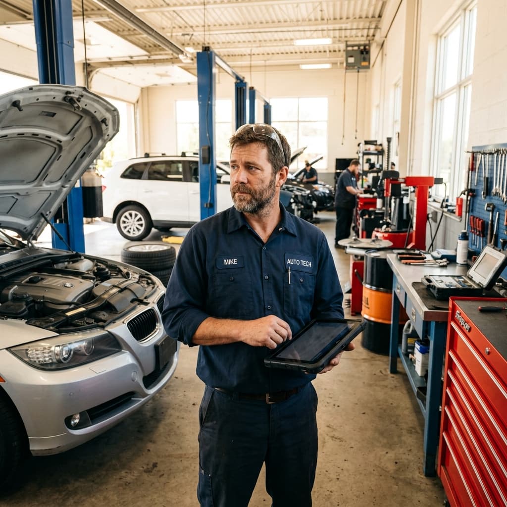A solo mechanic comparing auto repair software options on a tablet in a small two-bay shop.