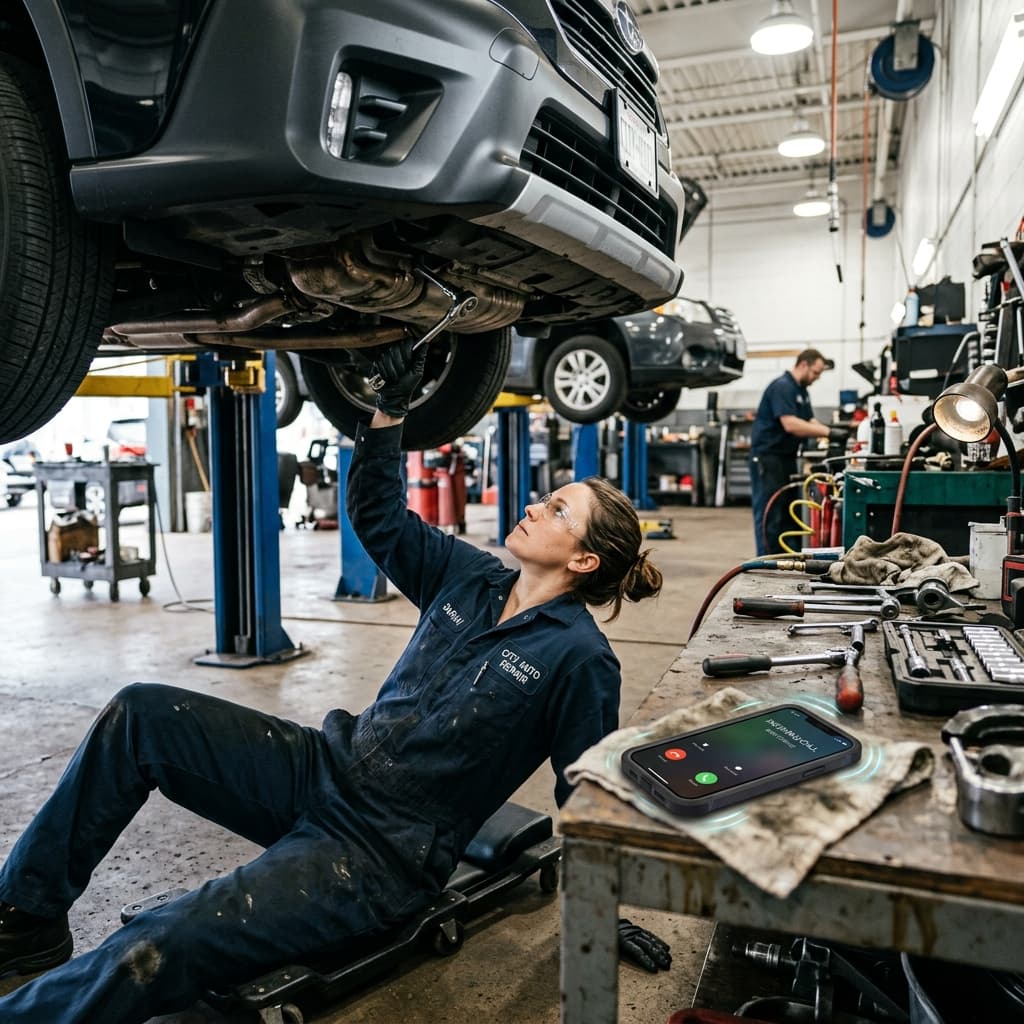 A busy mechanic working under a car while a phone rings unanswered on the workbench beside them.