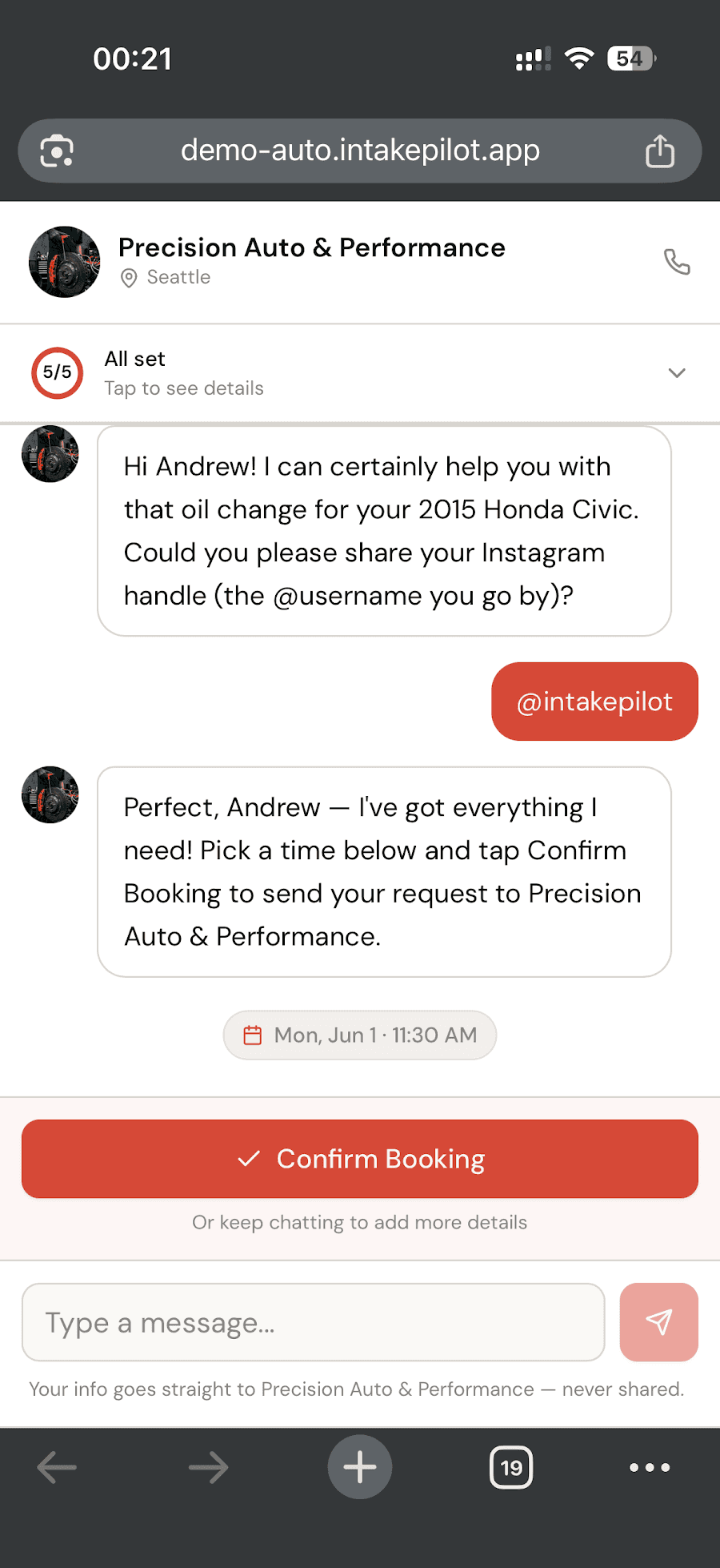 IntakePilot booking chat for an auto shop, with an AI assistant collecting job details and a Confirm Booking button