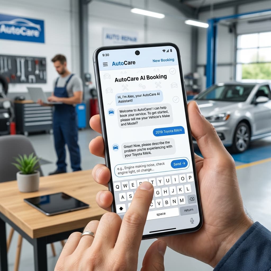 A clean auto repair shop booking page on a phone, showing an AI assistant asking for the vehicle’s make, model, and the problem.