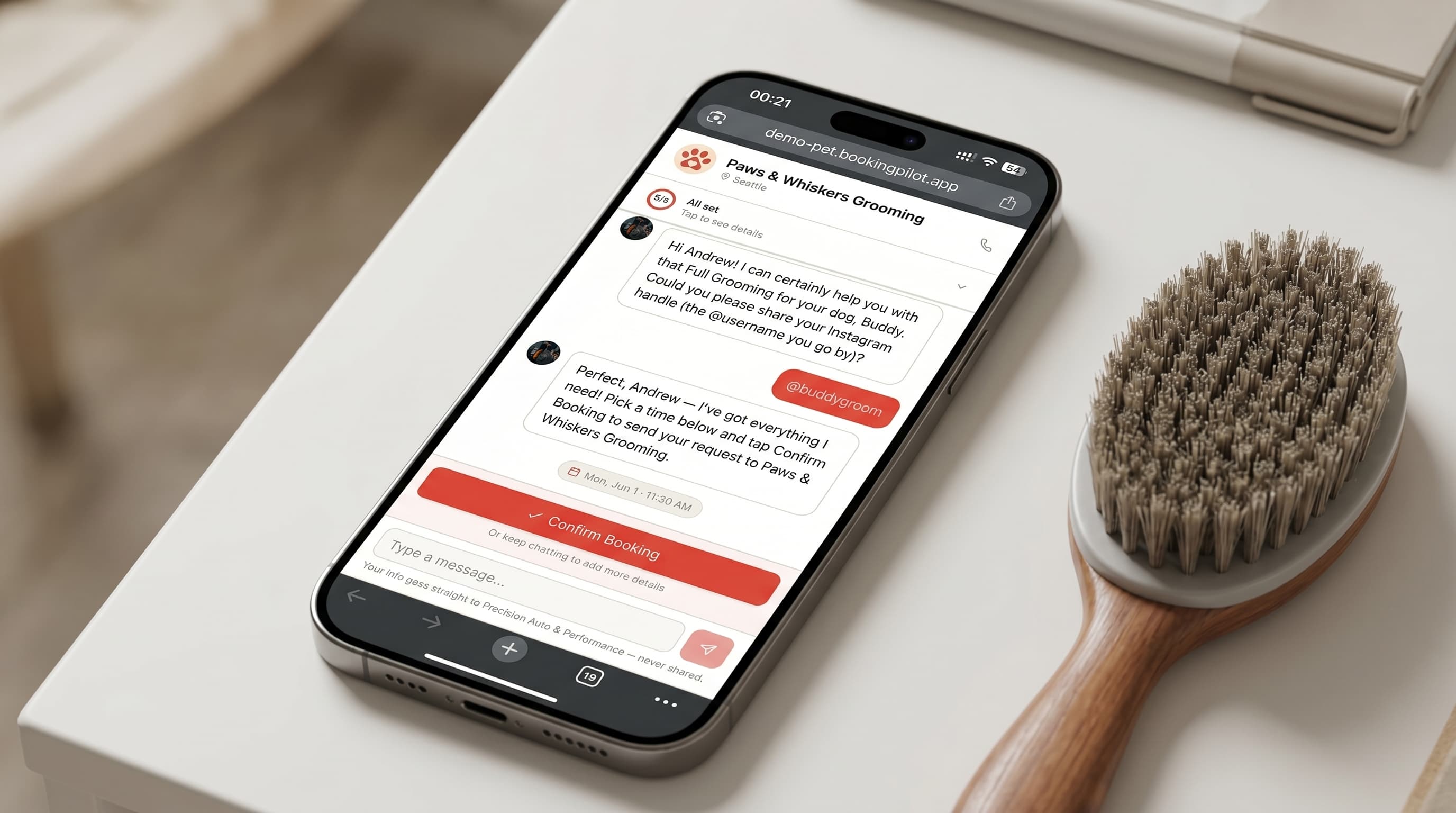 A pet grooming booking page on a phone, with an AI assistant asking for the dog’s breed, size, and coat condition.