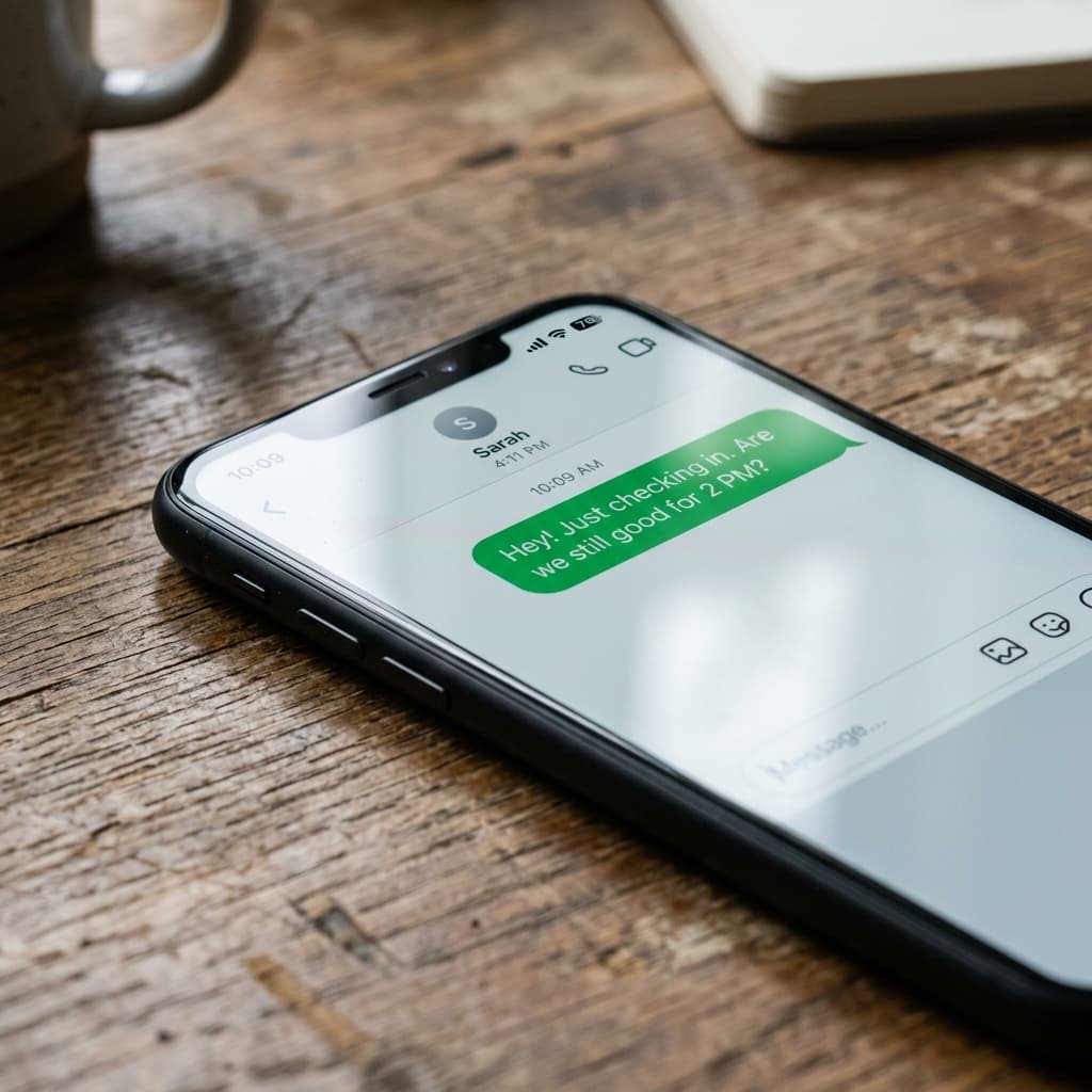 Side-by-side: a phone showing a missed call going to voicemail versus a booking request arriving as a text notification.