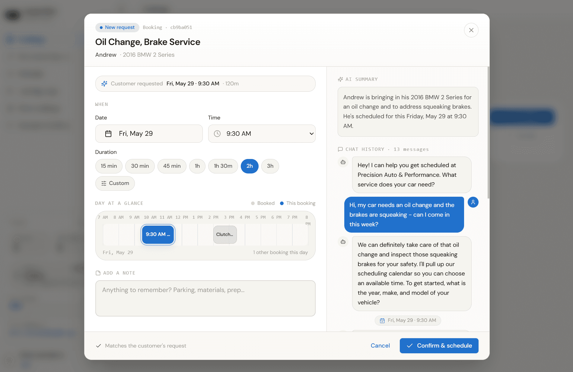 IntakePilot dashboard showing a new booking with its full chat transcript