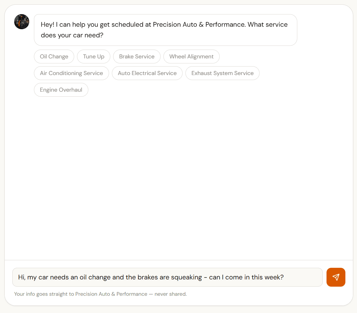 Customer typing a booking request in the IntakePilot chat